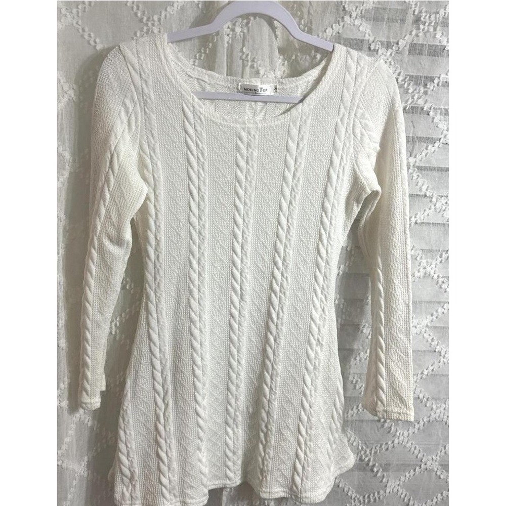 Mokingtop Womens White Cable Knit Tunic Sweater Long Sleeve‎ Scoop Neck Top